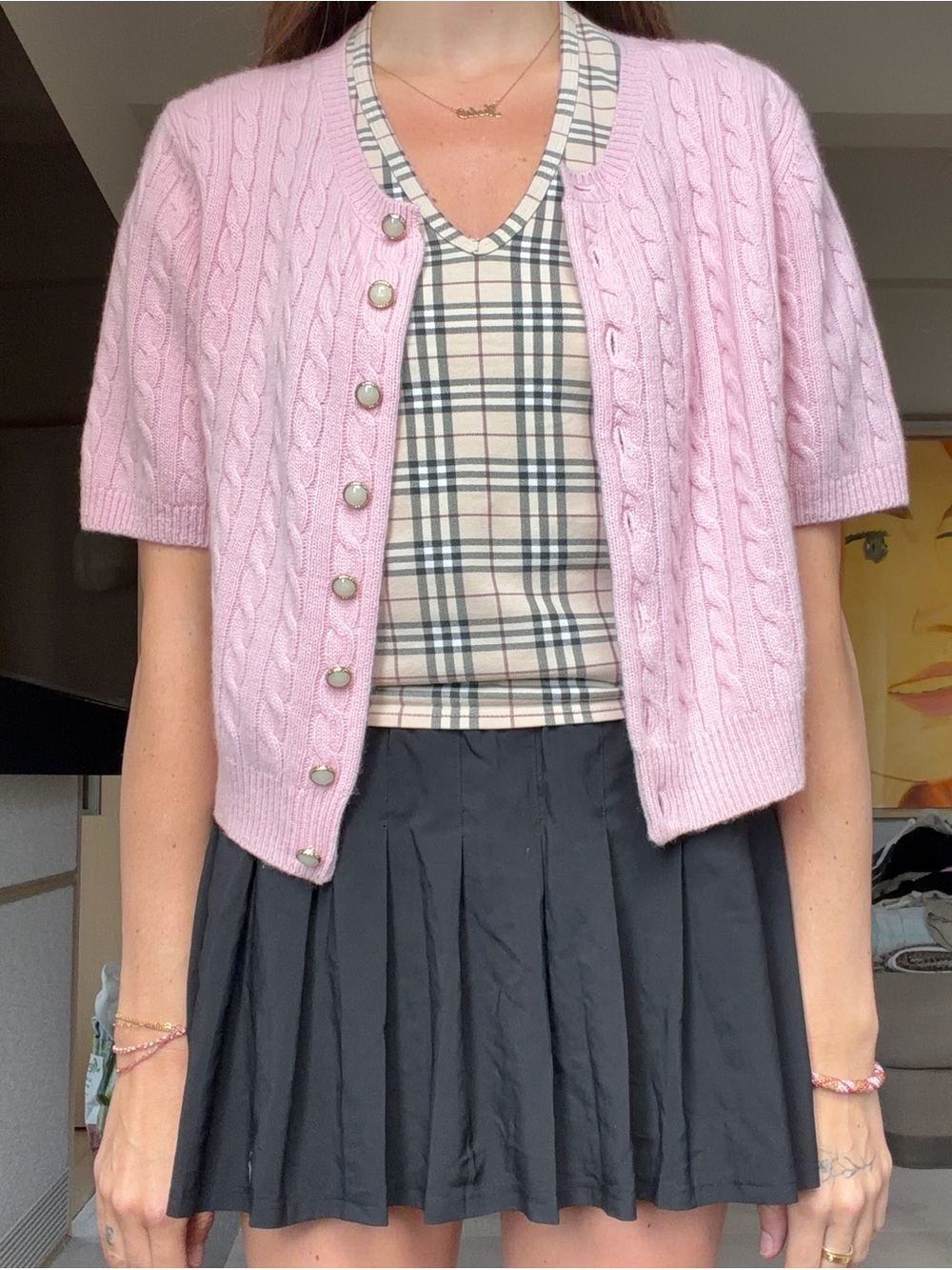 Reformation Pale Pink Cable-Knit Short Sleeve Cardigan